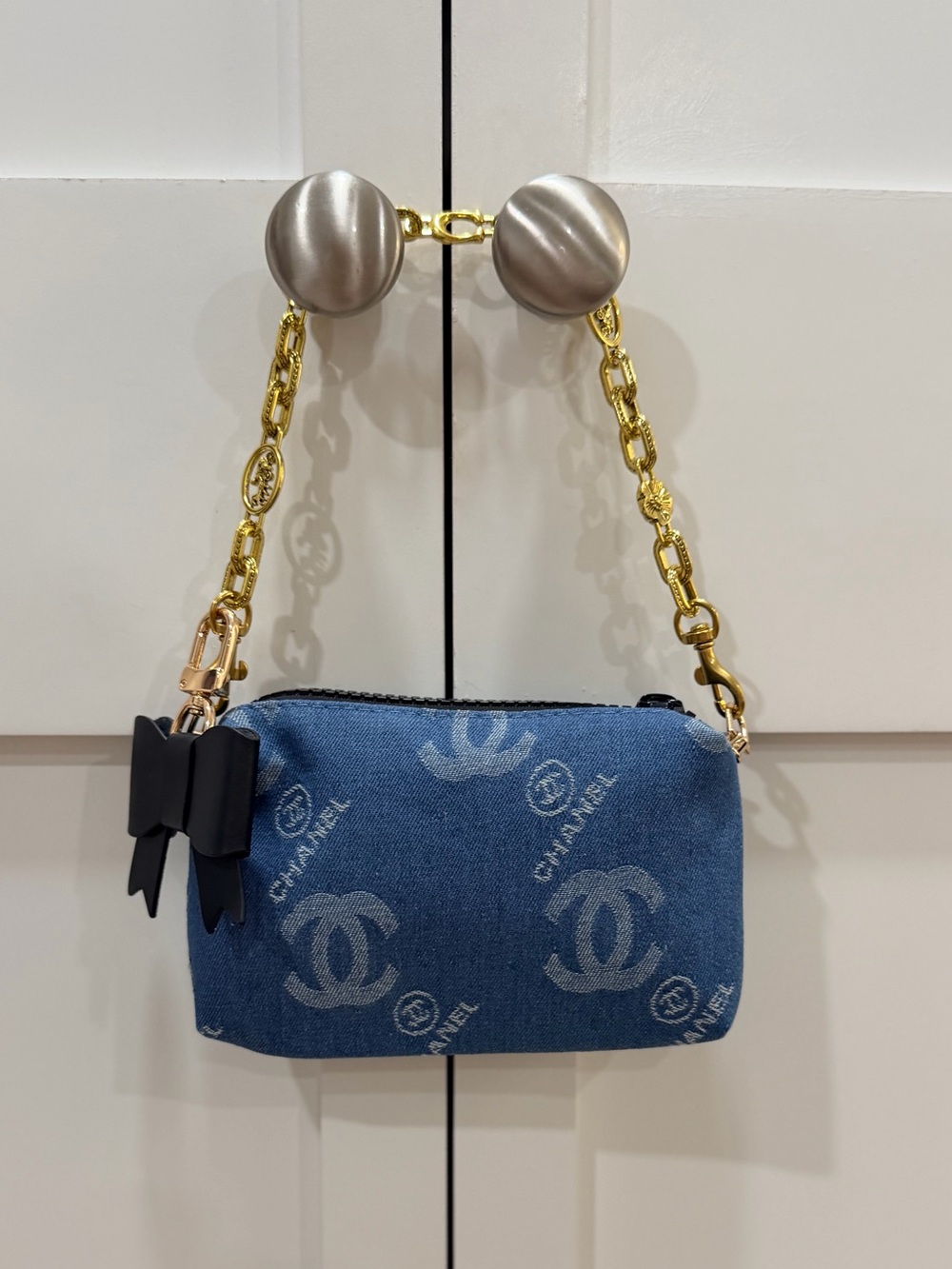 NEW | Blue Denim Logo Cosmetic Pouch with Gold-Tone Chain Strap & Bow Charm - Picture 2 of 9